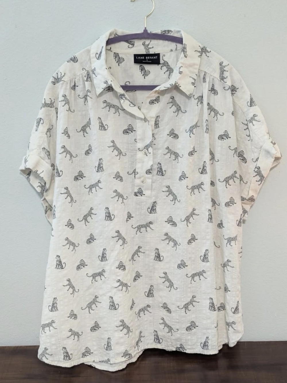 Lane Bryant White Short-Sleeve Button-Front Shirt with Black Animal Print
